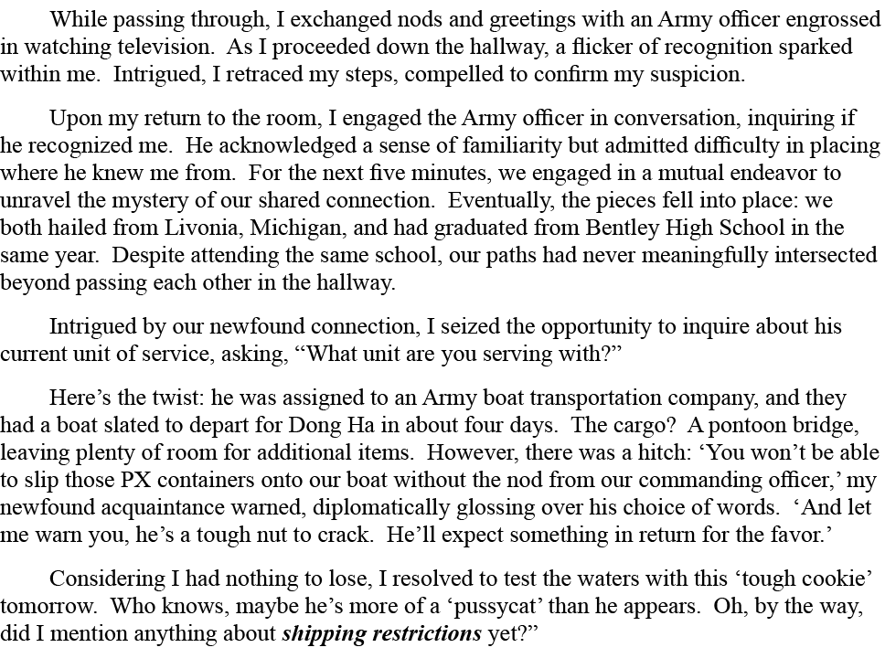 While passing through, I exchanged nods and greetings with an Army officer engrossed in watching television. As I pro...