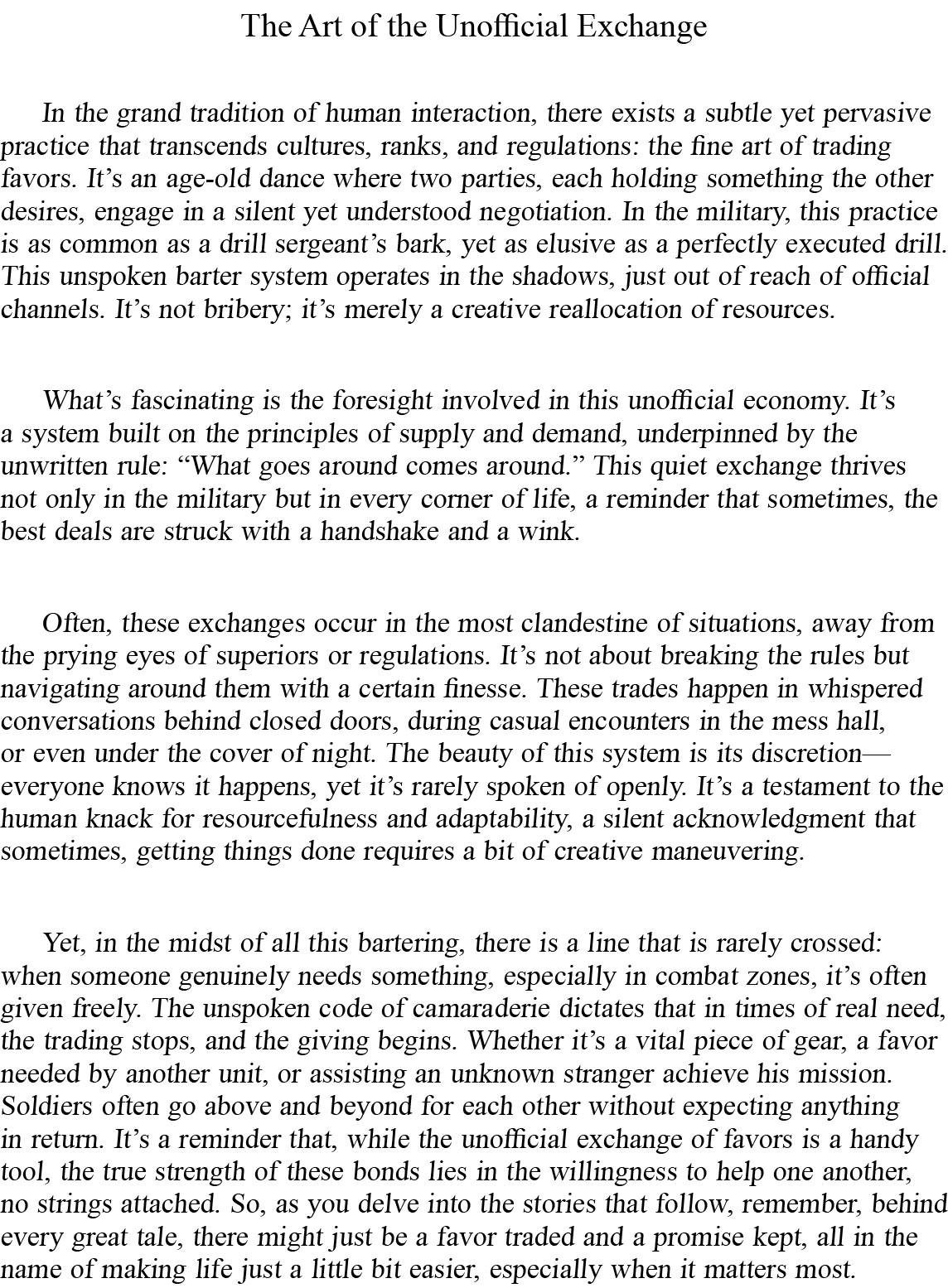 The Art of the Unofficial Exchange In the grand tradition of human interaction, there exists a subtle yet pervasive p...